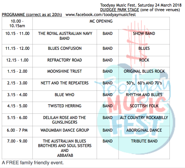 Toodyay Music Fest 2018 Duidgee Park PROGRAMME as at 20th March.png