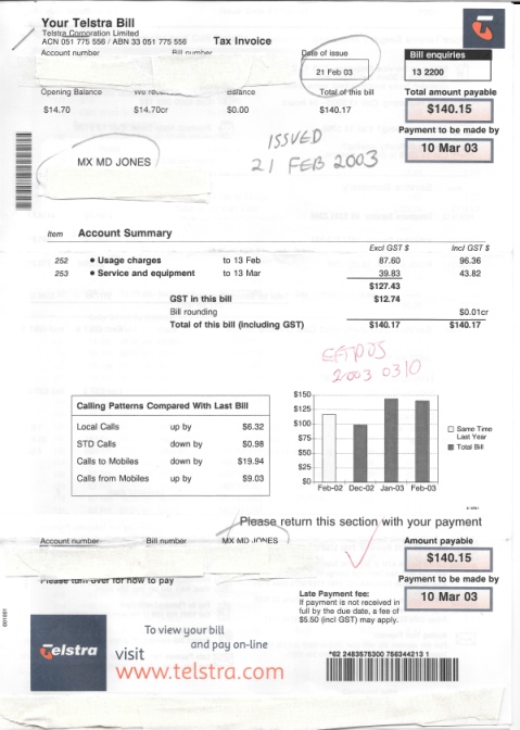 20030221 MX MD JONES Telstra phone bill