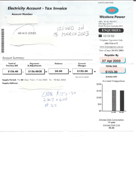 20030318 MX M D JONES Western Power electricity account