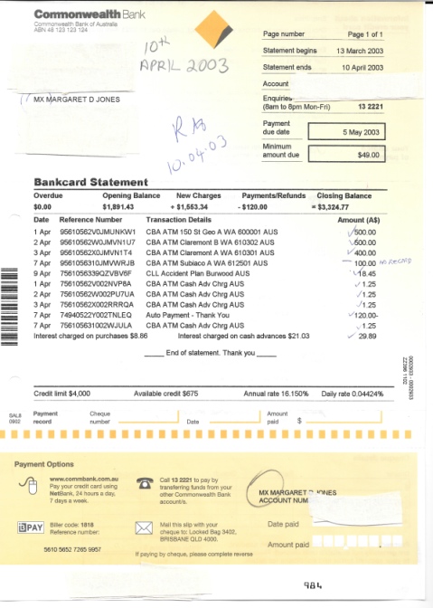 20030410 MX MARGARET CBA Bankcard statement